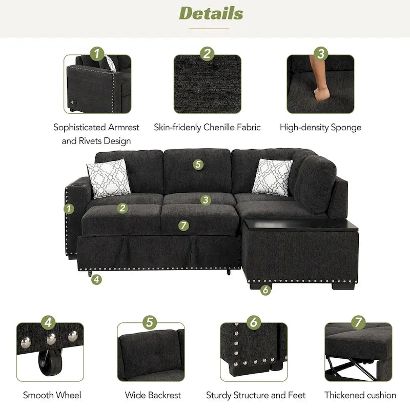 83.8 L-Shaped 4-Seat Sectional Sofa with Pull-Out Bed, Storage Chaise, USB Ports, Power Sockets, and Cup Holders