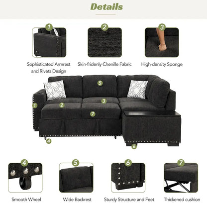 83.8 L-Shaped 4-Seat Sectional Sofa with Pull-Out Bed, Storage Chaise, USB Ports, Power Sockets, and Cup Holders