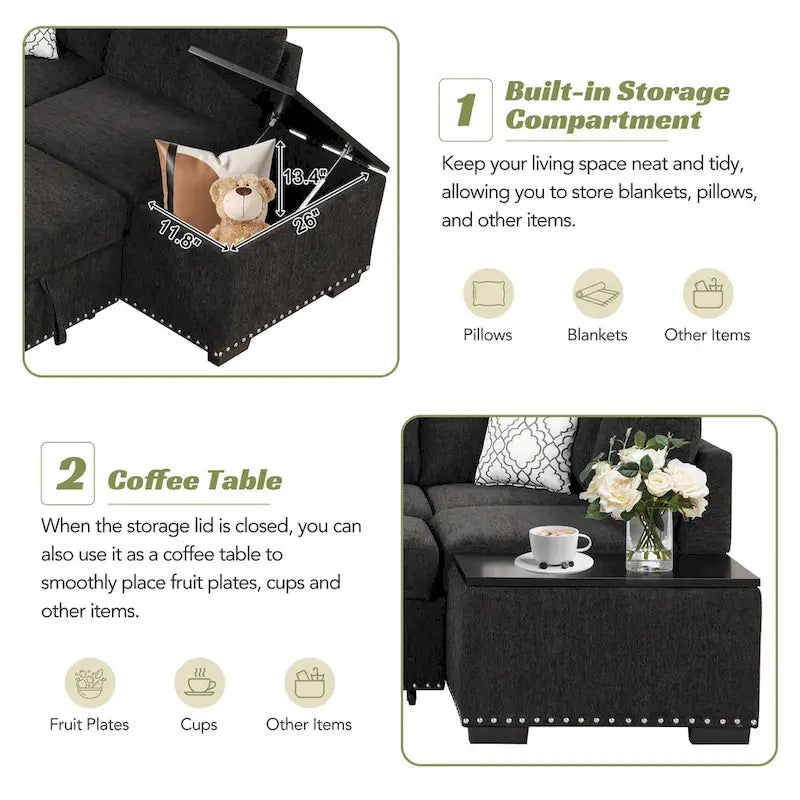 83.8 L-Shaped 4-Seat Sectional Sofa with Pull-Out Bed, Storage Chaise, USB Ports, Power Sockets, and Cup Holders