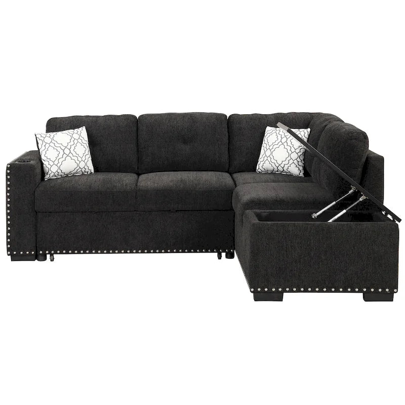 83.8 L-Shaped 4-Seat Sectional Sofa with Pull-Out Bed, Storage Chaise, USB Ports, Power Sockets, and Cup Holders