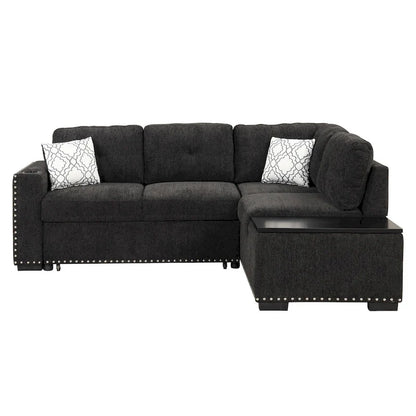83.8 L-Shaped 4-Seat Sectional Sofa with Pull-Out Bed, Storage Chaise, USB Ports, Power Sockets, and Cup Holders