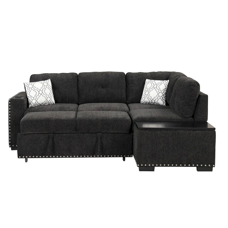 83.8 L-Shaped 4-Seat Sectional Sofa with Pull-Out Bed, Storage Chaise, USB Ports, Power Sockets, and Cup Holders