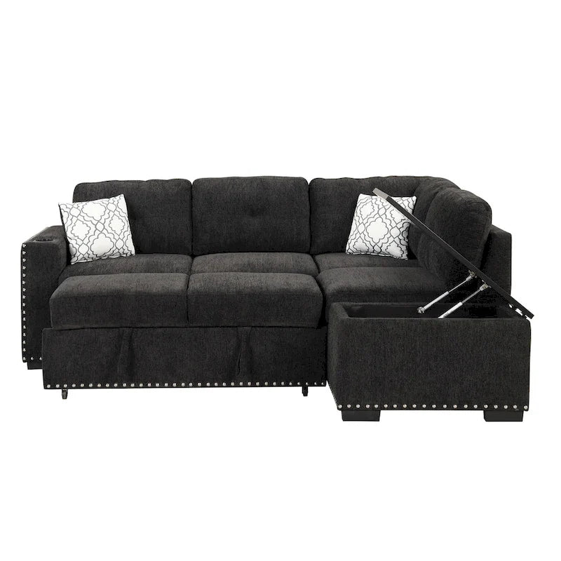83.8 L-Shaped 4-Seat Sectional Sofa with Pull-Out Bed, Storage Chaise, USB Ports, Power Sockets, and Cup Holders