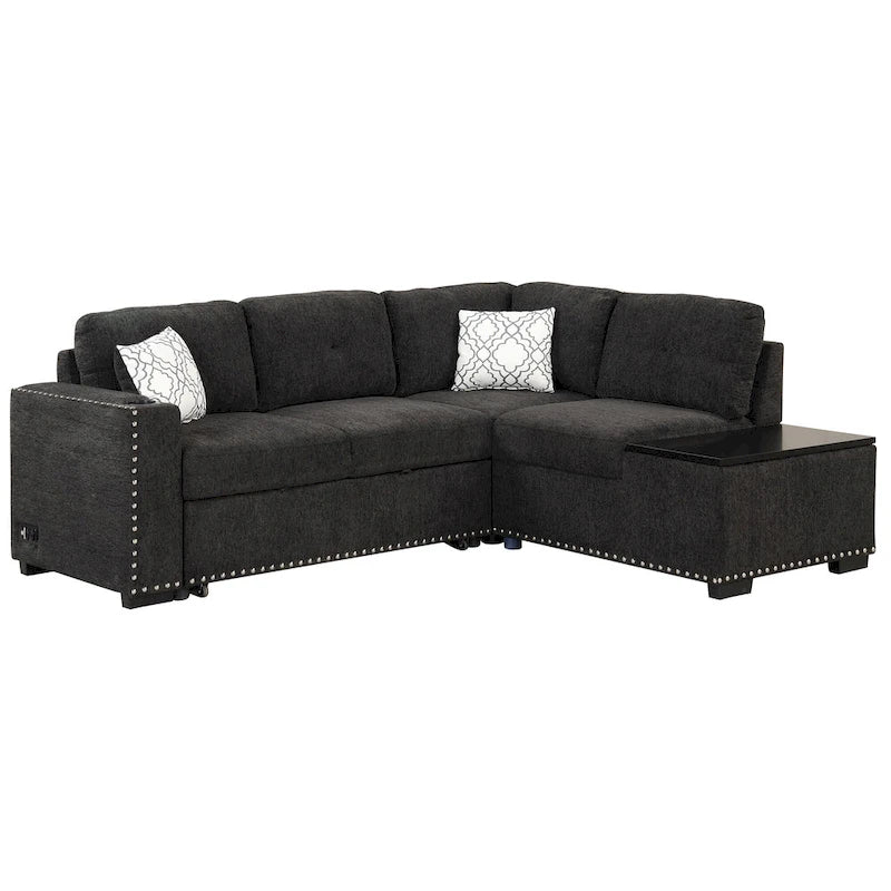 83.8 L-Shaped 4-Seat Sectional Sofa with Pull-Out Bed, Storage Chaise, USB Ports, Power Sockets, and Cup Holders