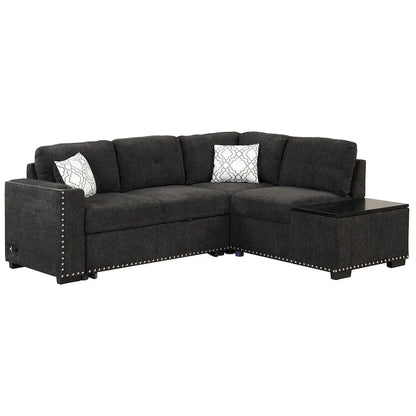 83.8 L-Shaped 4-Seat Sectional Sofa with Pull-Out Bed, Storage Chaise, USB Ports, Power Sockets, and Cup Holders