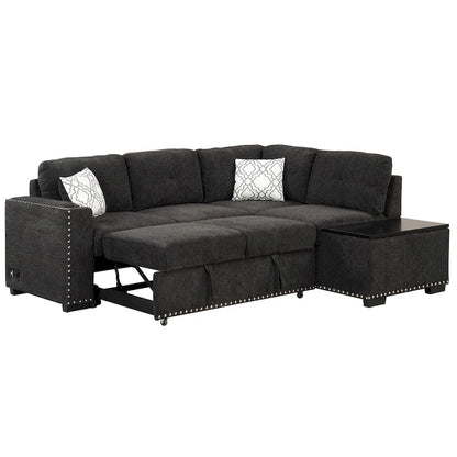 83.8 L-Shaped 4-Seat Sectional Sofa with Pull-Out Bed, Storage Chaise, USB Ports, Power Sockets, and Cup Holders