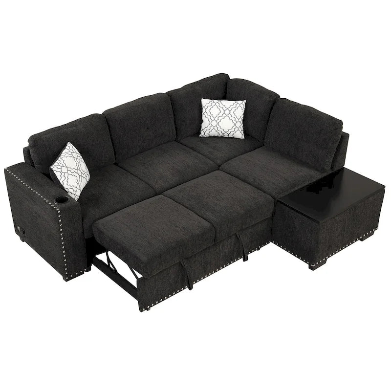 83.8 L-Shaped 4-Seat Sectional Sofa with Pull-Out Bed, Storage Chaise, USB Ports, Power Sockets, and Cup Holders