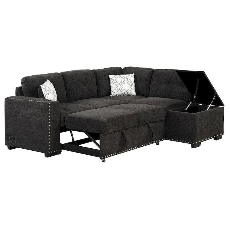 83.8 L-Shaped 4-Seat Sectional Sofa with Pull-Out Bed, Storage Chaise, USB Ports, Power Sockets, and Cup Holders