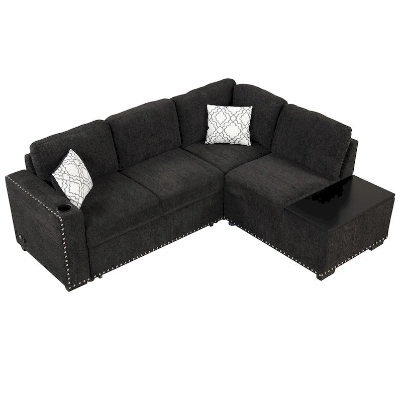 83.8 L-Shaped 4-Seat Sectional Sofa with Pull-Out Bed, Storage Chaise, USB Ports, Power Sockets, and Cup Holders