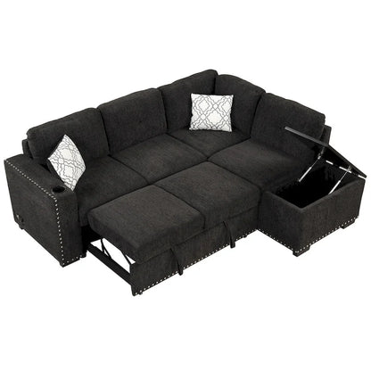 83.8 L-Shaped 4-Seat Sectional Sofa with Pull-Out Bed, Storage Chaise, USB Ports, Power Sockets, and Cup Holders