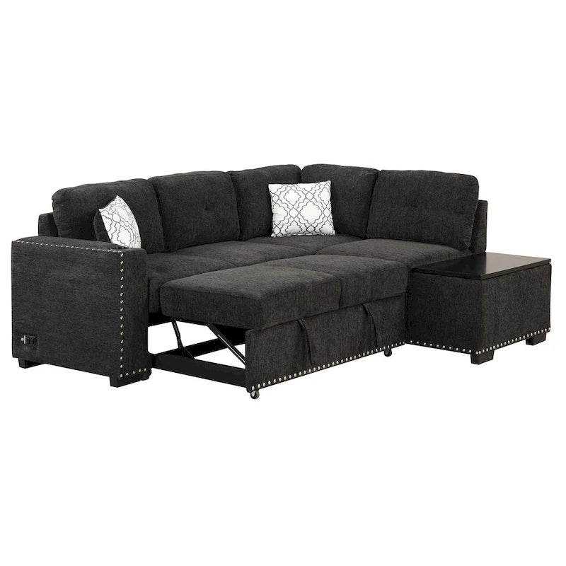 83.8 L-Shaped 4-Seat Sectional Sofa with Pull-Out Bed, Storage Chaise, USB Ports, Power Sockets, and Cup Holders