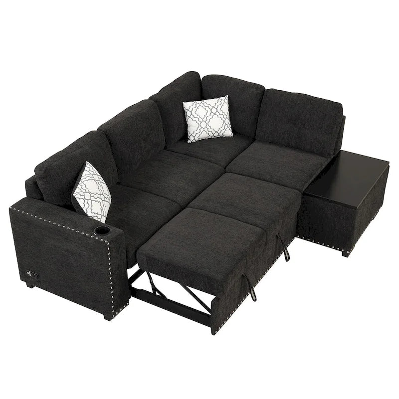 83.8 L-Shaped 4-Seat Sectional Sofa with Pull-Out Bed, Storage Chaise, USB Ports, Power Sockets, and Cup Holders