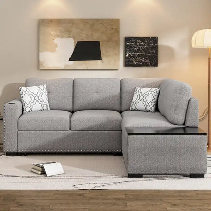 83.8 L-Shaped 4-Seat Sectional Sofa with Pull-Out Bed, Storage Chaise, USB Ports, Power Sockets, and Cup Holders