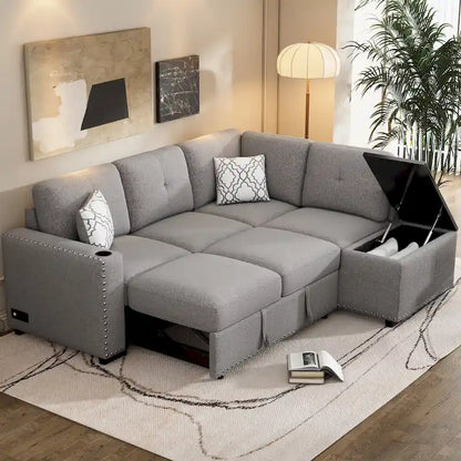 83.8 L-Shaped 4-Seat Sectional Sofa with Pull-Out Bed, Storage Chaise, USB Ports, Power Sockets, and Cup Holders