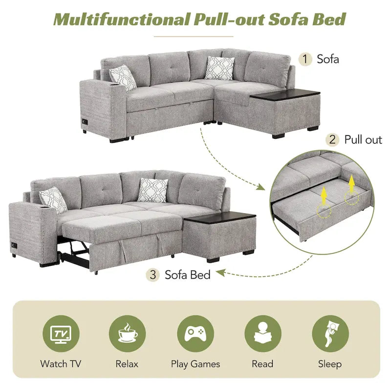 83.8 L-Shaped 4-Seat Sectional Sofa with Pull-Out Bed, Storage Chaise, USB Ports, Power Sockets, and Cup Holders