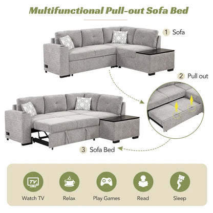 83.8 L-Shaped 4-Seat Sectional Sofa with Pull-Out Bed, Storage Chaise, USB Ports, Power Sockets, and Cup Holders