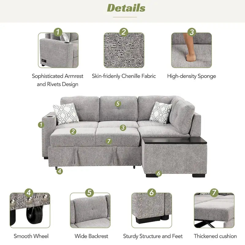83.8 L-Shaped 4-Seat Sectional Sofa with Pull-Out Bed, Storage Chaise, USB Ports, Power Sockets, and Cup Holders