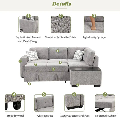 83.8 L-Shaped 4-Seat Sectional Sofa with Pull-Out Bed, Storage Chaise, USB Ports, Power Sockets, and Cup Holders