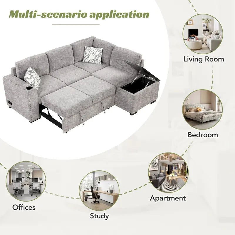 83.8 L-Shaped 4-Seat Sectional Sofa with Pull-Out Bed, Storage Chaise, USB Ports, Power Sockets, and Cup Holders