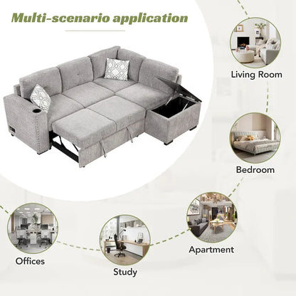 83.8 L-Shaped 4-Seat Sectional Sofa with Pull-Out Bed, Storage Chaise, USB Ports, Power Sockets, and Cup Holders
