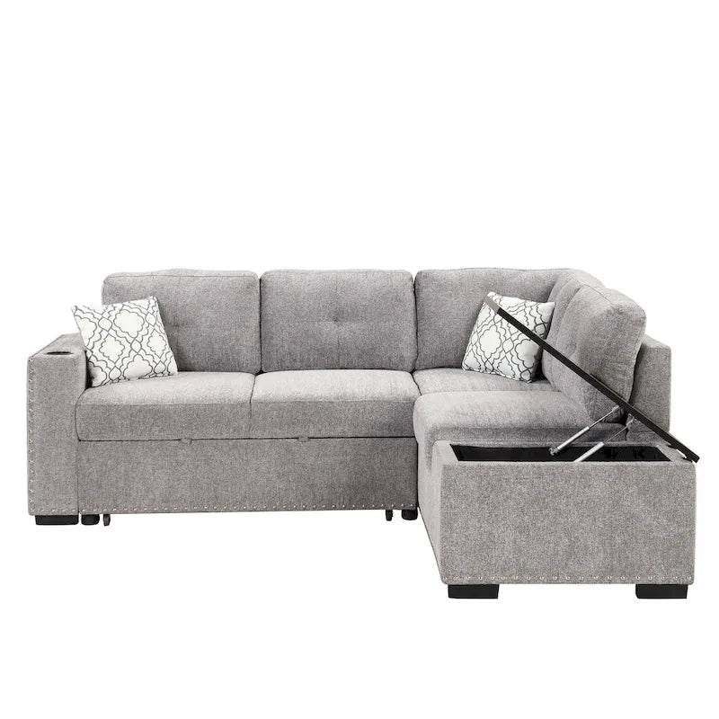 83.8 L-Shaped 4-Seat Sectional Sofa with Pull-Out Bed, Storage Chaise, USB Ports, Power Sockets, and Cup Holders