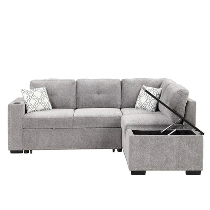 83.8 L-Shaped 4-Seat Sectional Sofa with Pull-Out Bed, Storage Chaise, USB Ports, Power Sockets, and Cup Holders