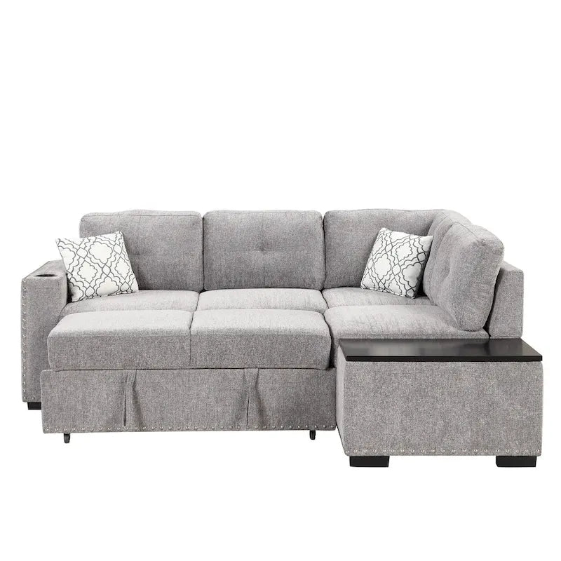 83.8 L-Shaped 4-Seat Sectional Sofa with Pull-Out Bed, Storage Chaise, USB Ports, Power Sockets, and Cup Holders
