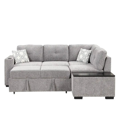 83.8 L-Shaped 4-Seat Sectional Sofa with Pull-Out Bed, Storage Chaise, USB Ports, Power Sockets, and Cup Holders