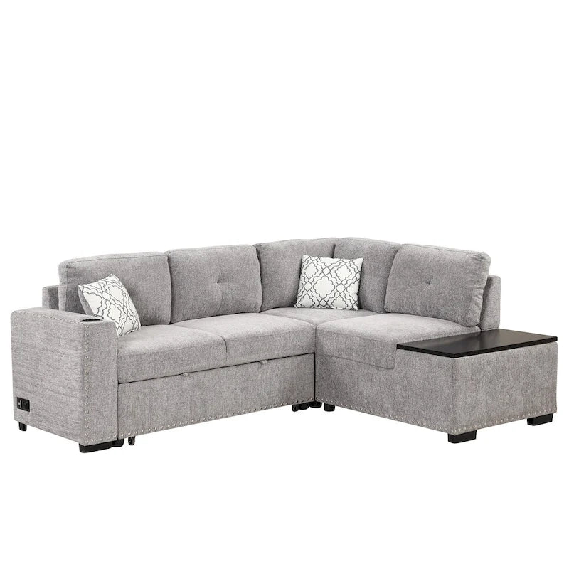 83.8 L-Shaped 4-Seat Sectional Sofa with Pull-Out Bed, Storage Chaise, USB Ports, Power Sockets, and Cup Holders