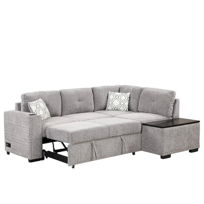 83.8 L-Shaped 4-Seat Sectional Sofa with Pull-Out Bed, Storage Chaise, USB Ports, Power Sockets, and Cup Holders