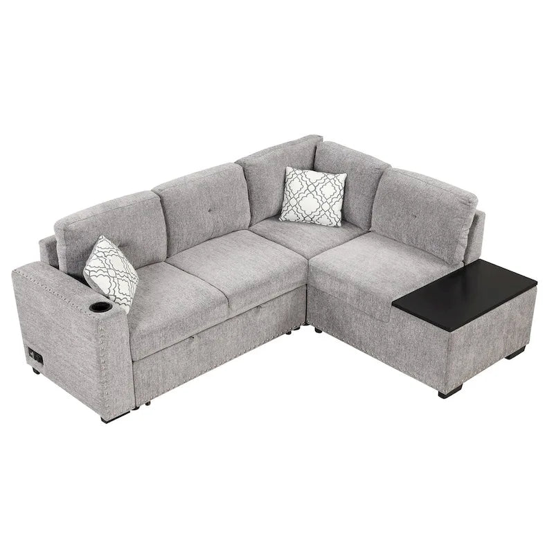 83.8 L-Shaped 4-Seat Sectional Sofa with Pull-Out Bed, Storage Chaise, USB Ports, Power Sockets, and Cup Holders