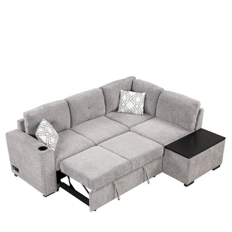 83.8 L-Shaped 4-Seat Sectional Sofa with Pull-Out Bed, Storage Chaise, USB Ports, Power Sockets, and Cup Holders