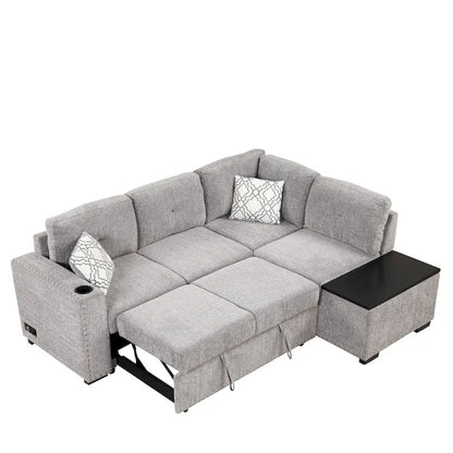 83.8 L-Shaped 4-Seat Sectional Sofa with Pull-Out Bed, Storage Chaise, USB Ports, Power Sockets, and Cup Holders