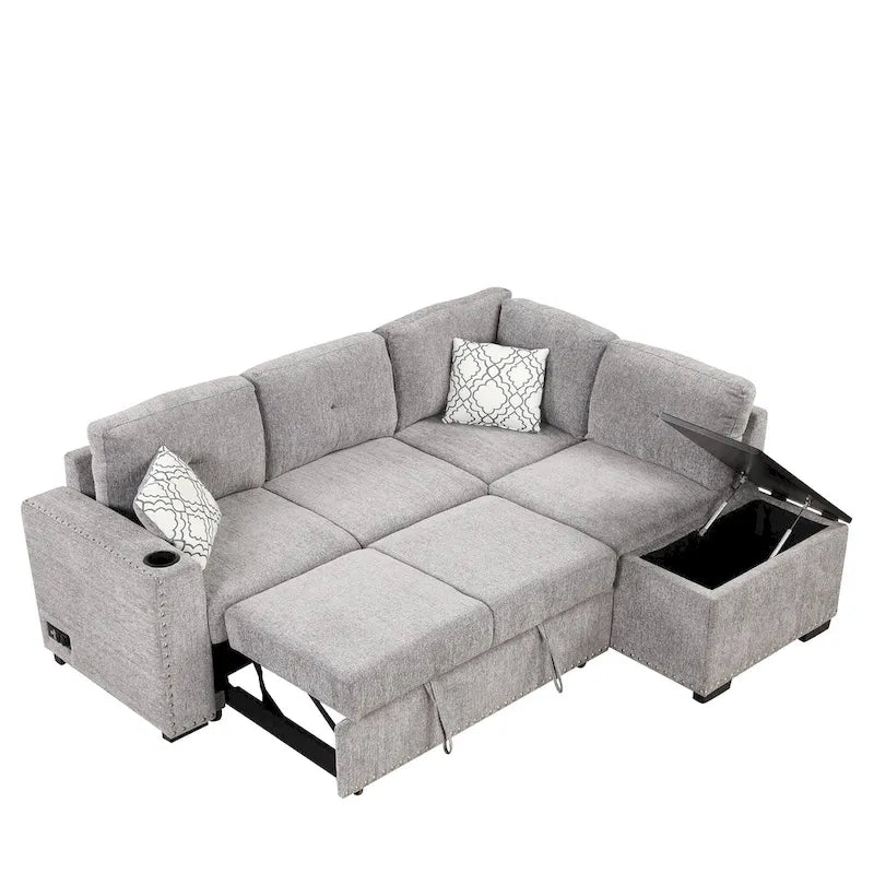 83.8 L-Shaped 4-Seat Sectional Sofa with Pull-Out Bed, Storage Chaise, USB Ports, Power Sockets, and Cup Holders