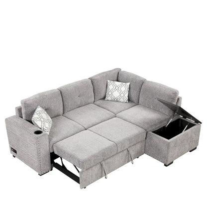 83.8 L-Shaped 4-Seat Sectional Sofa with Pull-Out Bed, Storage Chaise, USB Ports, Power Sockets, and Cup Holders