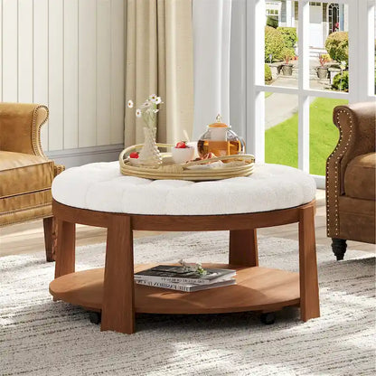 36 Round Button Tufted Upholstered Coffee Table with Wood Shelf and Wheel