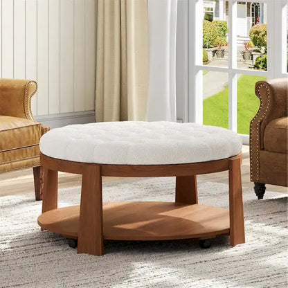 36 Round Button Tufted Upholstered Coffee Table with Wood Shelf and Wheel