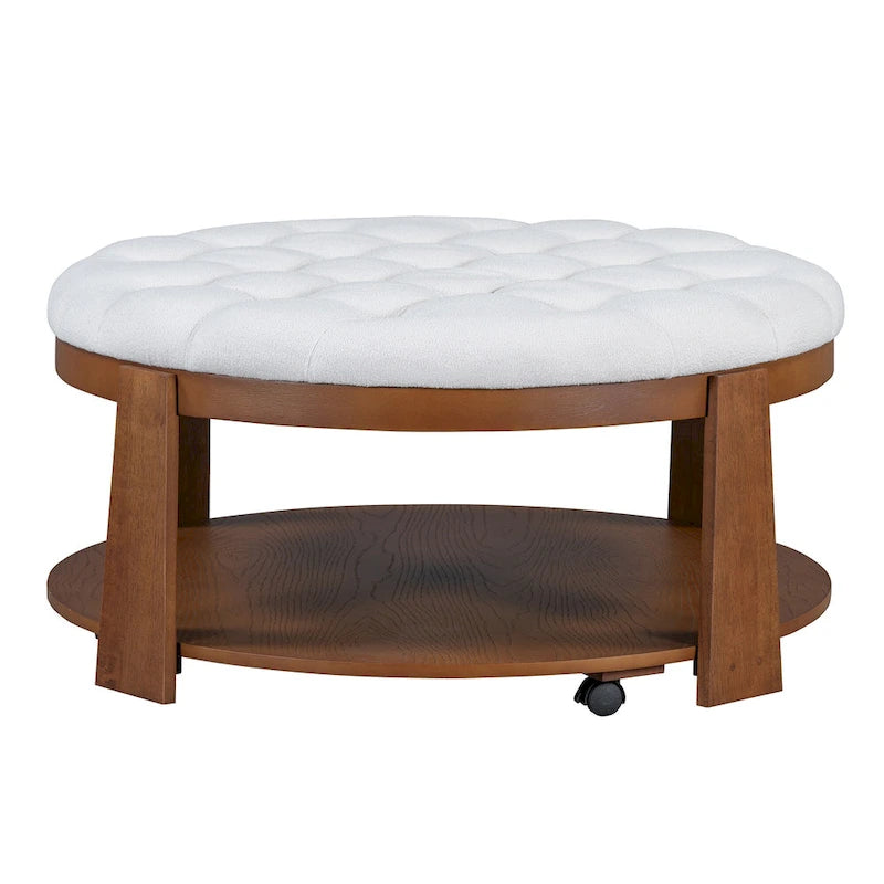 36 Round Button Tufted Upholstered Coffee Table with Wood Shelf and Wheel