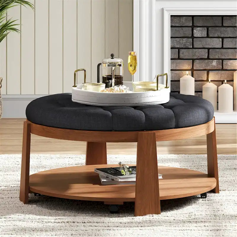 36 Round Button Tufted Upholstered Coffee Table with Wood Shelf and Wheel