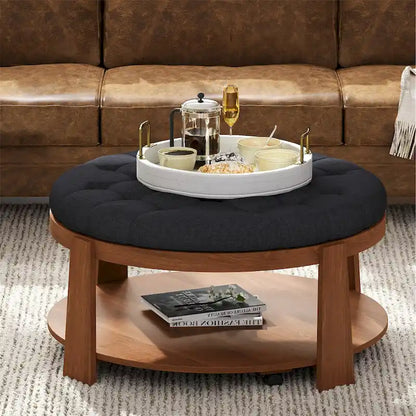 36 Round Button Tufted Upholstered Coffee Table with Wood Shelf and Wheel