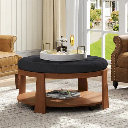 36 Round Button Tufted Upholstered Coffee Table with Wood Shelf and Wheel