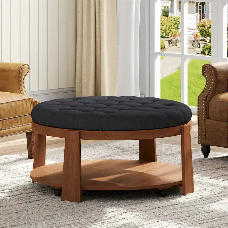 36 Round Button Tufted Upholstered Coffee Table with Wood Shelf and Wheel