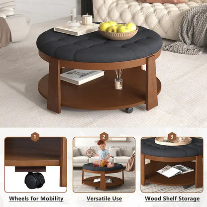 36 Round Button Tufted Upholstered Coffee Table with Wood Shelf and Wheel