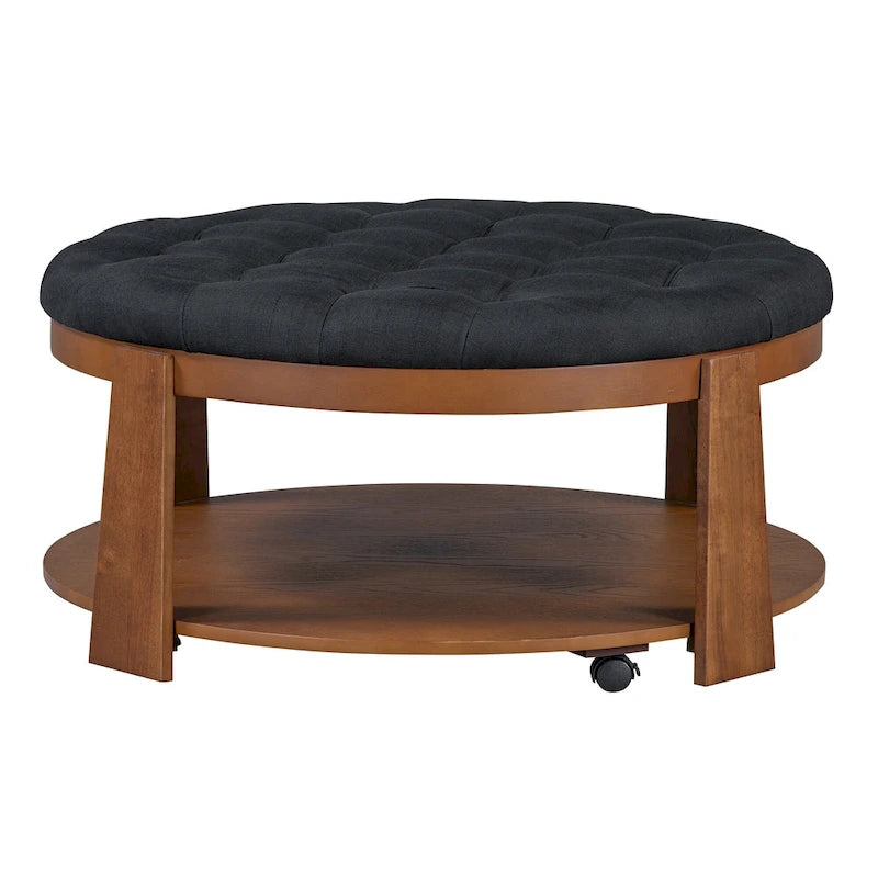 36 Round Button Tufted Upholstered Coffee Table with Wood Shelf and Wheel