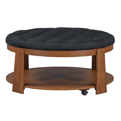 36 Round Button Tufted Upholstered Coffee Table with Wood Shelf and Wheel