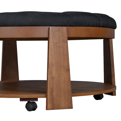 36 Round Button Tufted Upholstered Coffee Table with Wood Shelf and Wheel
