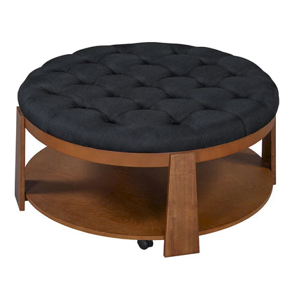 36 Round Button Tufted Upholstered Coffee Table with Wood Shelf and Wheel