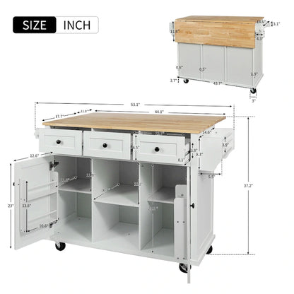 Rubber Wood Drop-Leaf Kitchen Cart with Internal Storage Racks and Rolling Casters