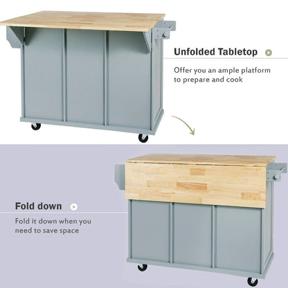 Rubber Wood Drop-Leaf Kitchen Cart with Internal Storage Racks and Rolling Casters