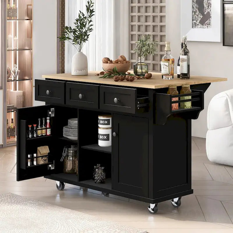 Rubber Wood Drop-Leaf Kitchen Cart with Internal Storage Racks and Rolling Casters